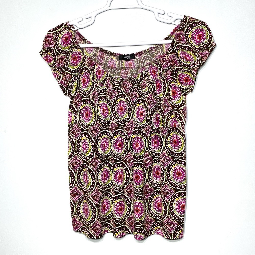 AGB Off Shoulder Blouse Womens XL Multicolor Geometric Circle Short Sleeve Tunic